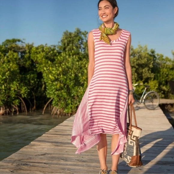 Sundance LARGE Calpurnia Asymmetrical 100% Linen Striped Handkerchief Hem Dress - Picture 1 of 5